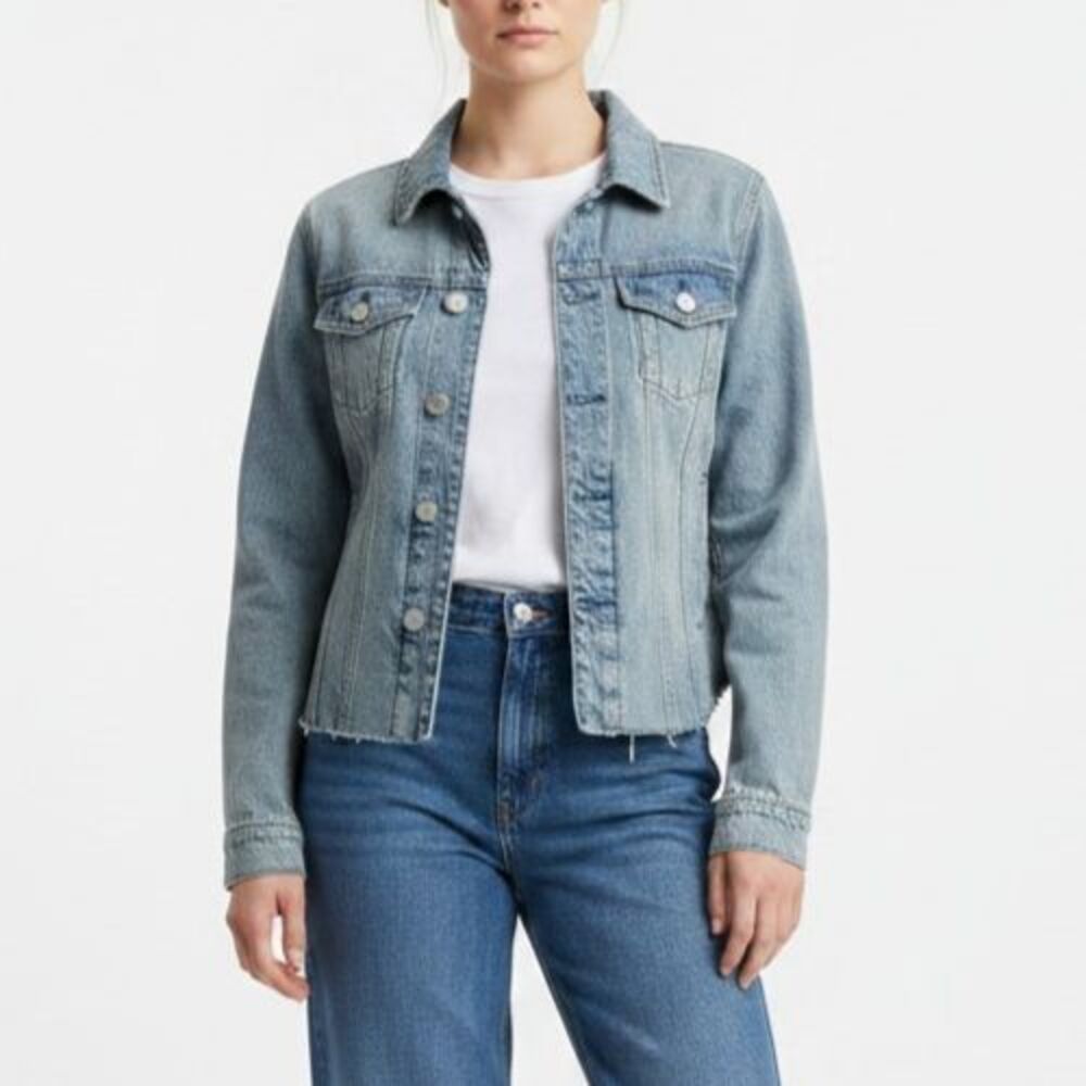 BLANK NYC Distressed Raw Hem Trucker Denim Jacket Size Small High Back Jean